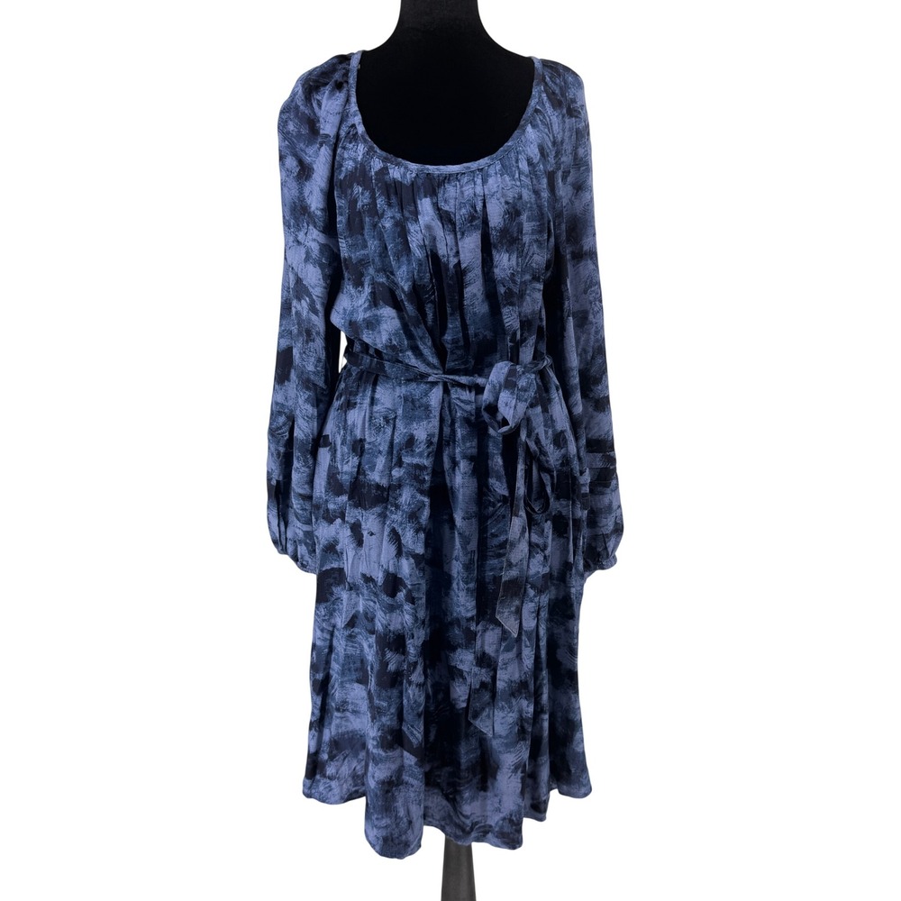 Terra & Sky Shirred Mini Dress Women 1X Blue NWT Washed Texture Belted Artsy